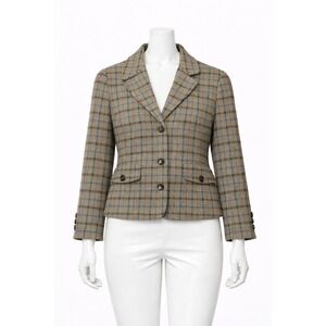 L.L.Bean Plaid Wool Silk Blend Blazer Jacket Tailored Fit Women's Large Petite